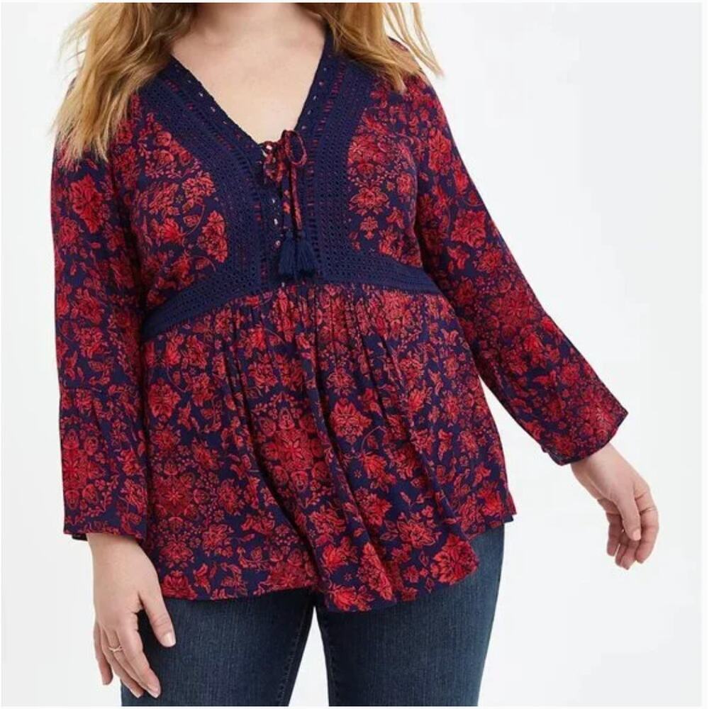 Torrid Lace Up Gauze Baby Doll Top Floral 2X